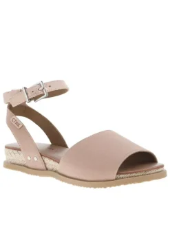 Nu-pieds rose avec détails en corde un talon compensé bas et boucle à ardillon