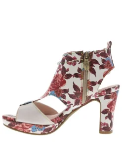 Nu-pieds rouges et blancs à motif floral avec talon décroché haut et flot