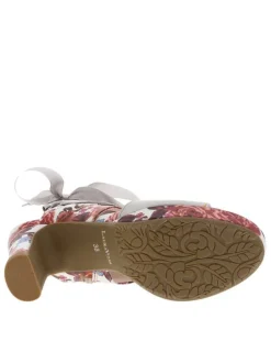 Nu-pieds rouges et blancs à motif floral avec talon décroché haut et flot