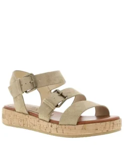 Nu-pieds sable à semelle compensé bas et une fermeture à boucle à ardillon