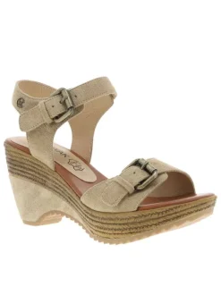 Nu-pieds sable à semelle compensé haut et à boucle à ardillon