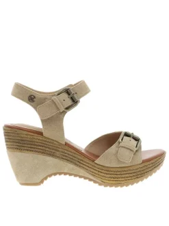 Nu-pieds sable à semelle compensé haut et à boucle à ardillon