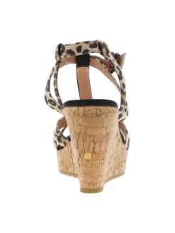 Nu-pieds simili cuir léopard à talon compensé haut aspect liège et boucle