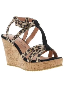Nu-pieds simili cuir léopard à talon compensé haut aspect liège et boucle