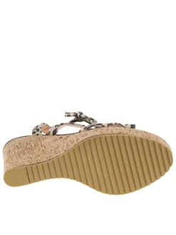 Nu-pieds simili cuir léopard à talon compensé haut aspect liège et boucle