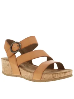 Nu-pieds simili cuir patiné beige à talon compensé haut aspect liège et boucle