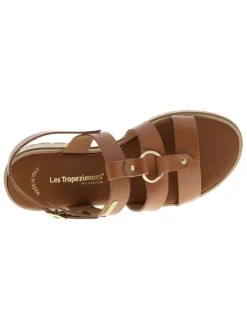 Nu-pieds tan en cuir avec un talon décroché bas et une boucle à ardillon