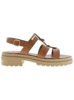 Nu-pieds tan en cuir avec un talon décroché bas et une boucle à ardillon