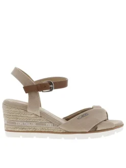 Nu-pieds taupe à talon compensé en paille tressée et à boucle à ardillon