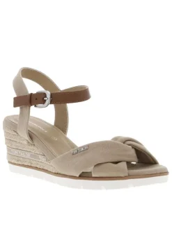 Nu-pieds taupe à talon compensé en paille tressée et à boucle à ardillon