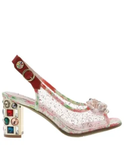 Nu-pieds translucides rouges à talon décroché haut et bijoux multicolores