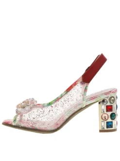 Nu-pieds translucides rouges à talon décroché haut et bijoux multicolores