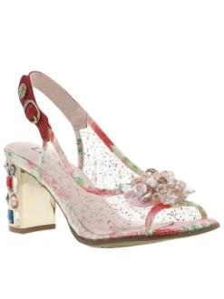 Nu-pieds translucides rouges à talon décroché haut et bijoux multicolores