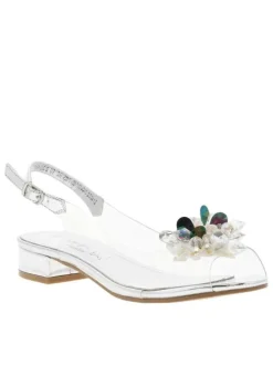 Nu-pieds transparents et argentés à talon décroché avec bijoux multicolores