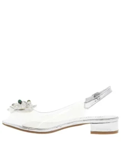Nu-pieds transparents et argentés à talon décroché avec bijoux multicolores