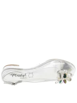 Nu-pieds transparents et argentés à talon décroché avec bijoux multicolores