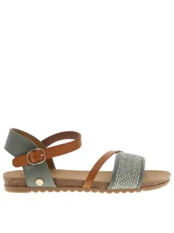 Nu-pieds vert à semelle plate et une fermeture à boucle à ardillon
