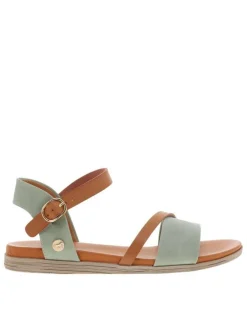 Nu-pieds verts à talon plat et fermeture avec une boucle à ardillon