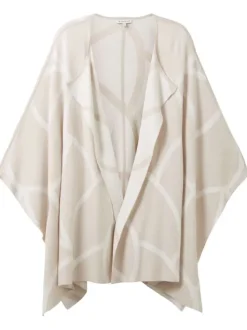 Pancho fantaisie en viscose beige à lignes écrues, col V à revers