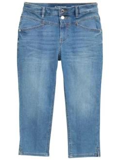 Pantacourt bleu stone légèrement délavé à coupe slim avec une taille mi-haute