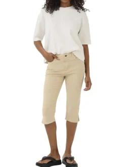Pantacourt en coton mélangé beige uni pourvu d'une taille intermédiaire