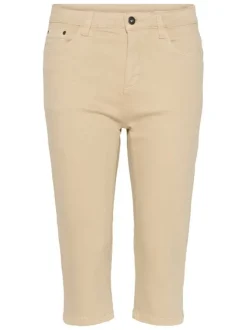 Pantacourt en coton mélangé beige uni pourvu d'une taille intermédiaire