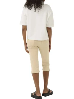 Pantacourt en coton mélangé beige uni pourvu d'une taille intermédiaire