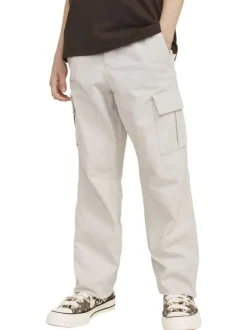 Pantalon cargo beige uni en coton à coupe droite avec 6 poches et logo blanc