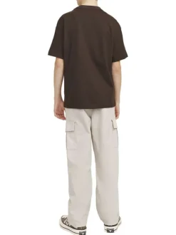 Pantalon cargo beige uni en coton à coupe droite avec 6 poches et logo blanc