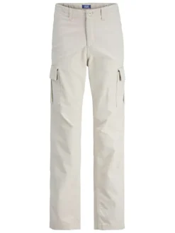 Pantalon cargo beige uni en coton à coupe droite avec 6 poches et logo blanc