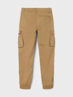Pantalon cargo en coton camel uni avec une coupe slim et des poches