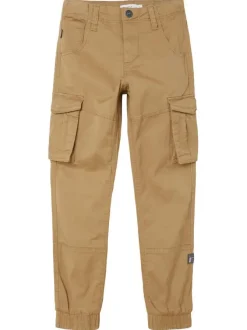 Pantalon cargo en coton camel uni avec une coupe slim et des poches