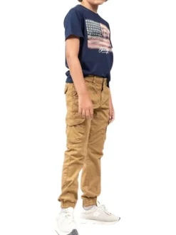 Pantalon Cargo en coton caramel uni avec 2 poches cousues au niveau des genoux