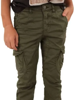 Pantalon cargo en coton kaki à coupe slim avec logo cousu et 6 poches