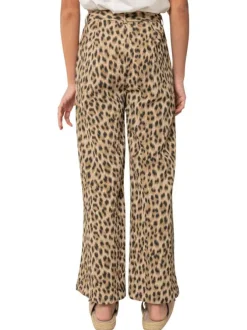 Pantalon chino beige animalier pourvu d'une coupe fluide et d'un lien à nouer