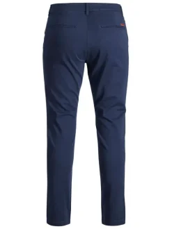Pantalon Chino en coton marine uni coupe slim et poches droites à l'arrière