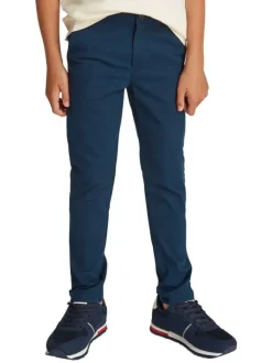 Pantalon Chino marine uni en coton avec une coupe droite et des passants