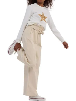 Pantalon en coton écru uni en velours côtelé avec une coupe ample