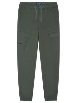 Pantalon en coton kaki uni avec une coupe droite et une taille élastiquée