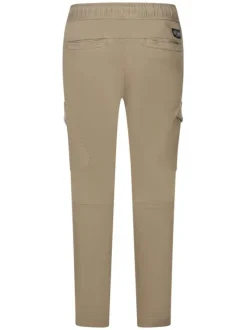Pantalon en coton mélangé beige uni avec une coupe droite et des poches