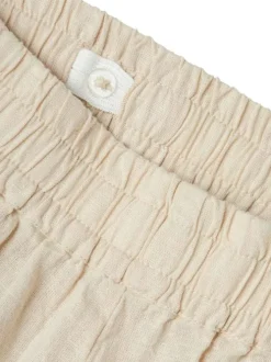 Pantalon en coton mélangé écru uni à coupe droite fluide et à taille élastiquée