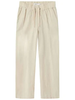 Pantalon en coton mélangé écru uni à coupe droite fluide et à taille élastiquée