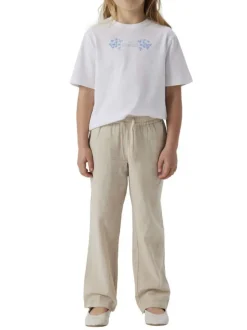 Pantalon en coton mélangé écru uni à coupe droite fluide et à taille élastiquée