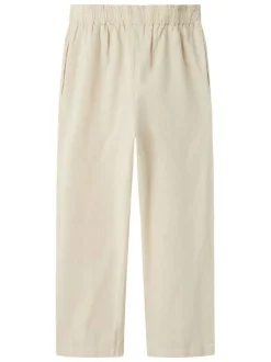 Pantalon en coton mélangé écru uni à coupe droite fluide et à taille élastiquée