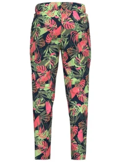 Pantalon marine imprimé de feuilles avec une taille élastiquée et une coupe slim