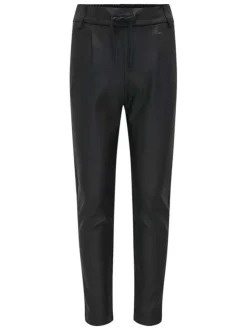 Pantalon noir uni avec une coupe slim et un lien de serrage à l'avant
