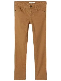 Pantalon skinny en coton stretch brun effet froissé à taille élastiquée réglable par crochet et œillet