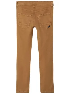 Pantalon skinny en coton stretch brun effet froissé à taille élastiquée réglable par crochet et œillet