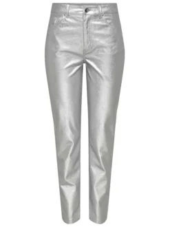 Pantalon argent uni avec une coupe droite et des passants pour ceinture