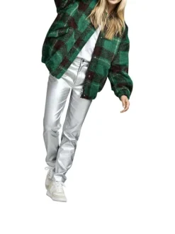 Pantalon argent uni avec une coupe droite et des passants pour ceinture
